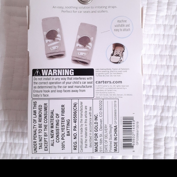 NEW Carter's Gray Zebra Character Baby Seat Strap Protective Covers, Washable - Picture 3 of 3